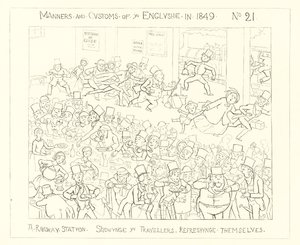 1849, En jernbanestation, hvor de rejsende tager sig en forfriskning af Richard Doyle