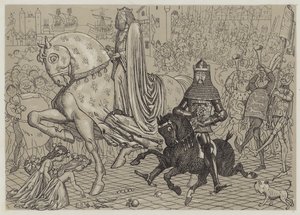 Edward den Sorte Prins, med sin fange, Kong John af Frankrig, på vej ind i London (akvatint) af Richard Doyle
