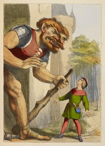 Jack kigger op på en kæmpe, der har to hoveder. Kæmpen er walisisk. Farveillustration i en børnebog. af Richard Doyle