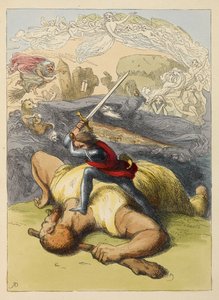 Jack stående på kroppen af en kæmpe, med hævet sværd. Farveillustration i en børnebog. af Richard Doyle