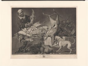 Koopman viser udstillet vildt, artiskokker, græskar og en hummer The Larder (titel på objekt) af Richard Earlom
