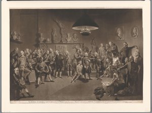 Medlemmer af Royal Academy i et interiør med en nøgen mandlig model, 1768 Det Kongelige Kunstakademi, indstiftet af kongen, i år 1768 (titel på objekt)