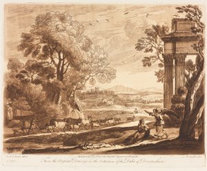 Liber Veritatis: No. 133, A Landscape, with Cattle, and the Angel Comforting Hagar, 1776. af Richard Earlom