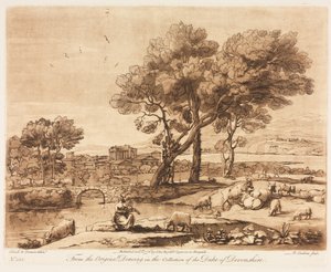 Liber Veritatis: No. 135, A Landscape, with Buildings, Mercury Stealing Admetusss Cattle..., 1776. af Richard Earlom