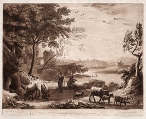 Liber Veritatis: nr. 42, Et flodlandskab med en hyrde og hyrde..., 1774. af Richard Earlom