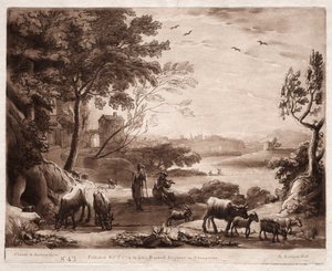 Liber Veritatis: Nr. 42, Et flodlandskab med en hyrde og hyrdinde og en flok kvæg af Richard Earlom