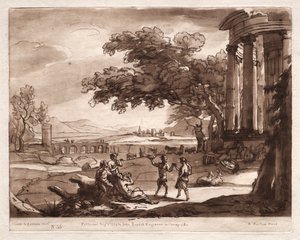 Liber Veritatis: Nr. 55, Et landskab med et tempel og en nymfe og satyrdans af Richard Earlom