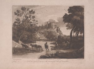 Udsigt over Tivoli ved solnedgang, udgivet 1775 (mezzotint med radering) af Richard Earlom