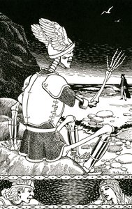 Døden som et skelet, der tager afsked med en mand, ca. 1930 (litografi) af Richard Fayerweather Babcock