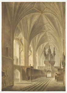 The Choir of Bristol Cathedral, Looking West (håndfarvet akvatint) af Richard G. Reeve