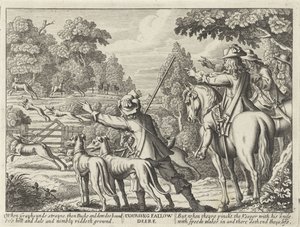 Herten nagejaagd door jachthonden Coursing Fallow Deere (titel på objekt) Jachtpartijen (serietitel) Flere måder at jage, jage og fiske på, ifølge engelsk maner (serietitel) af Richard Gaywood (possibly)