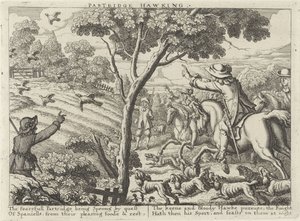Jacht op patrijsvogels Partridge Hawking (titel på objekt) Jachtpartijen (serietitel) Flere måder at jage, jage og fiske på, ifølge engelsk maner (serietitel) af Richard Gaywood (possibly)