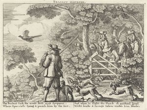 Valkenjacht op fazanten Feasant Hawking (titel på objekt) Jachtpartijen (serietitel) Flere måder at jage, jage og fiske på, ifølge engelsk maner (serietitel) af Richard Gaywood (possibly)