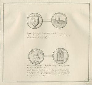Lichfield - Medals of Lichfield Cathedral and the City Arms, og et portræt af Richard Greene: pentegning, nd [begyndelsen af det 19. århundrede] (tegning)