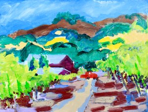 Red Truck in a Vineyard, Californien, 2021 (olie på lærred)