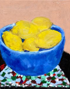 Stilleben med citroner i en blå skål, 2021 (olie på lærred)