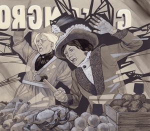 Suffragetter smadrer vinduer (gouache på papir)