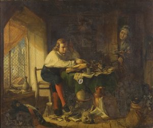 Chatterton komponerer Rowleian-manuskripterne (olie på lærred) af Richard J. Lewis