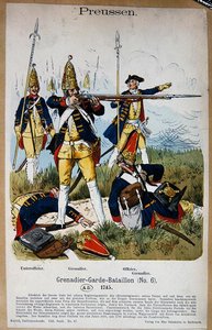 Preussiske grenadervagter og officerer i 1745, ca. 1890 (farve litho) af Richard Knoetel