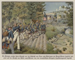 Preussiske soldater hilser på Dronning Louise af Preussen, da hun passerer dem på vejen fra Kosen til Weimar (farve litho)