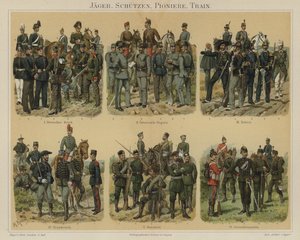Riflemænd, pionerer og forsyningstropper fra europæiske hære (farve litho) af Richard Knotel