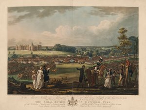 Royal Review i Hatfield Park af det frivillige kavaleri og infanteri, med militsen i County of Herts, den 13. juni 1800, indgraveret af Joseph C. Stadler (fl.1780-1812)