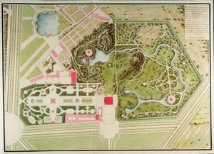 Plan over de franske og landlige haver i Petit-Trianon med bygningens masser, fra Recueil des plans du Petit Trianon af Richard Mique