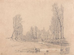 En skovklædt å og et bondehus i Normandiet af Richard Parkes Bonington