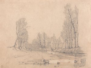 En skovklædt å og et bondehus i Normandiet af Richard Parkes Bonington