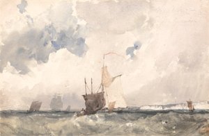 Fartøjer i et uroligt hav (akvarel med ridser ud på papir) af Richard Parkes Bonington