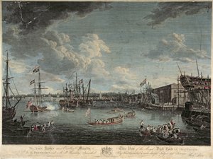 View of the Royal Dock Yard at Deptford, graveret af William Woollett, offentliggjort den 1. juli 1793 (farvet radering)