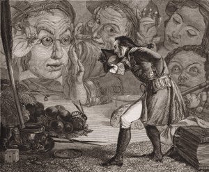 Jonathan Swifts Gulliver-ture. Gulliver udstillede på et bord til beundring for indbyggerne i Brobdingnag. Redgrave gravering.