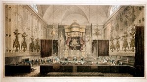 Udsigt over House of Lords, overhuset i Storbritanniens parlament. Gravering af Rothwell. Parker Gallery fra det 19. århundrede, London