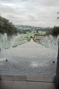 Chatsworth House fra toppen af Cascade, Derbyshire, c1980