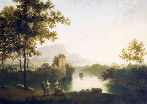 Aften ved River Mouth with Peasants Dancing (olie på lærred) af Richard Wilson