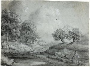 Landskab med kvinde og køer (sort kridt med stumpning, forhøjet med hvidt kridt, på blåt lagt papir) af Richard Wilson