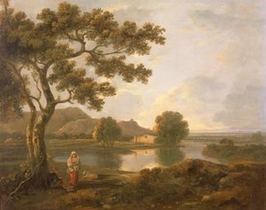 Flodscene med et bondehus (olie på lærred) af Richard Wilson