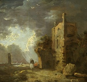 Ødelagt tårn med figur, ca. 1770-79 (olie på lærred) af Richard Wilson