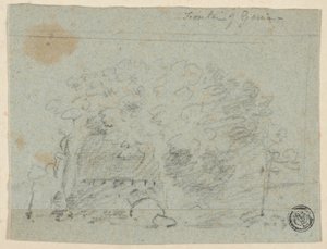 Skitse af træer nær broen (recto); Skitse af bygning (verso) af Richard Wilson