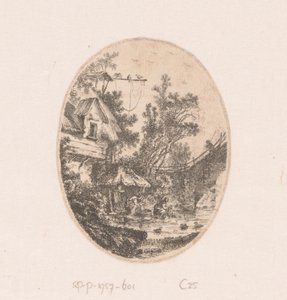Udsigt over en flod, hvor kvinder vasker tøj Samling af udsigter, landskaber, antikke fragmenter og historiske emner (serietitel) Recueil de griffonis, de vues, paysages, fragmenter antiques et sujets historiques (serietitel) af Richard de Saint Non