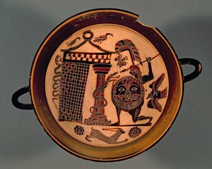 Lakonisk bæger med sort figur, der forestiller en kriger, der angriber en slange, 6. århundrede f.Kr. (keramik) af Rider Painter