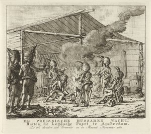 De preussiske husarer venter ved Leidse Poort i Amsterdam, 1787 De preussiske husarer venter, Udenfor Leijdsche Poort i Amsterdam (...) (titel på objektet)