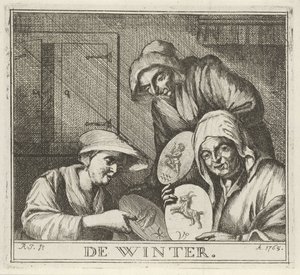 Interiør med tre bondekvinder Vinteren. (serietitel på objekt) Vinterscener (serietitel)