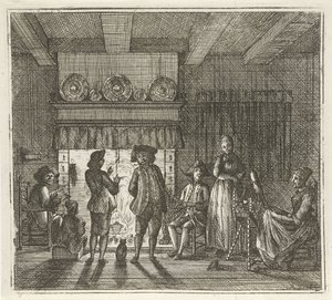Interiør med figurer ved pejsen Vinteren. (serietitel) Vinterscener (serietitel)