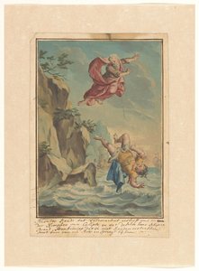 Mentor kaster Telemachus ned fra en sten og hopper efter ham Telemachus-serien (serietitel) af Rienk Keyert