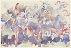Landskab, Boitsfort, med blomstrende frugttræer af Rik Wouters