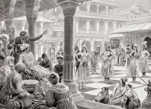 Akbar spiller pachisi eller chaupur med levende stykker i Fatehpur Sikri i 1575, fra Hutchinson