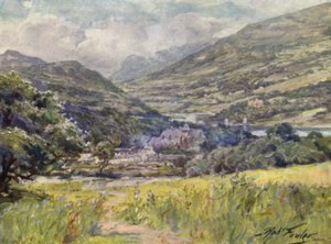 Bodnant Hall, Conway Valley (farve litho) af Robert (after) Fowler