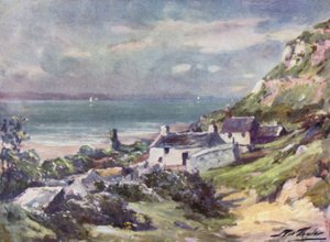 Gammelt sommerhus og ruiner af klosteret, Great Ormes hoved (farve litho)