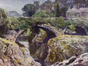 Den gamle bro, Bettws-y-Coed (farve litho) af Robert (after) Fowler